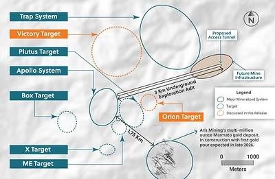 Figure 1: Location Map of the Guayabales Project Targets Including the Orion and Victory Targets, Showing their Proximity to the Exploration Adit, the Apollo Deposit and Proposed Infrastructure