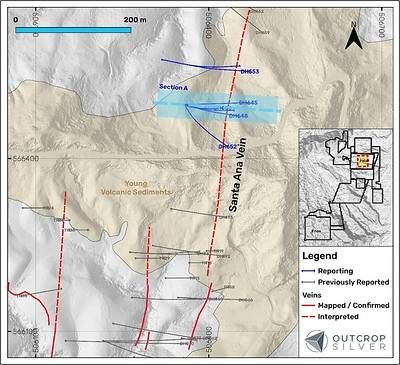 Figure 1. Plan view of the Santa Ana vein showing the drill holes reported in this release (Table 1). Coordinates are in the UTM system, zone 18N, and WGS84 projection. Figure 1. Plan view of the Santa Ana vein showing the drill holes reported in this release (Table 1). Coordinates are in the UTM system, zone 18N, and WGS84 projection.