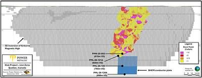 Figure 1 – Lion zone block model overlain 3D inversion of airborne magnetic high - holes marked by Vertical Depth (VD) Figure 1 – Lion zone block model overlain 3D inversion of airborne magnetic high - holes marked by Vertical Depth (VD)