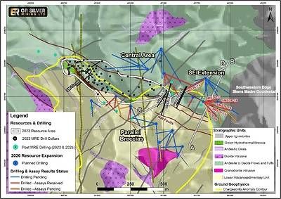 Figure 1: Location of San Marcial Step-Out Drill Holes SMS26-09, SMS26-10, SMS26-12, SMS26-13, SMS26-14, and SMS26-15 in SE Area. Figure 1: Location of San Marcial Step-Out Drill Holes SMS26-09, SMS26-10, SMS26-12, SMS26-13, SMS26-14, and SMS26-15 in SE Area.