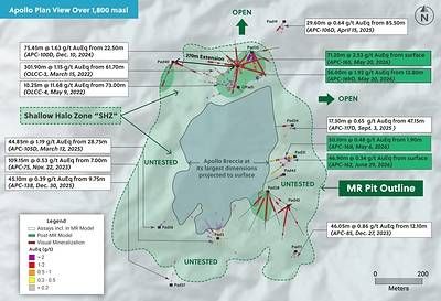 Figure 2: Apollo Plan View above 1,800 masl – Shallow Halo Zone and Mineral Resource Open Pit Outline.
