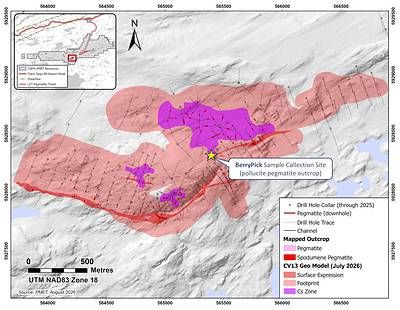Figure 4: Principal pollucite pegmatite outcrop at the Vega Zone, CV13 Pegmatite (i.e., collection site for BerryPick). Figure 4: Principal pollucite pegmatite outcrop at the Vega Zone, CV13 Pegmatite (i.e., collection site for BerryPick).