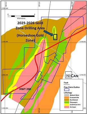 Figure 1: Horseshoe Gold Zone Location within the Pipy South Property including recently staked, newly identified permissive geological setting to the south Figure 1: Horseshoe Gold Zone Location within the Pipy South Property including recently staked, newly identified permissive geological setting to the south