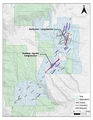 Figure 4 - Plan map of the Santa Ana Project Showing Vein Systems and Section Lines (plan view) Figure 4 - Plan map of the Santa Ana Project Showing Vein Systems and Section Lines (plan view)