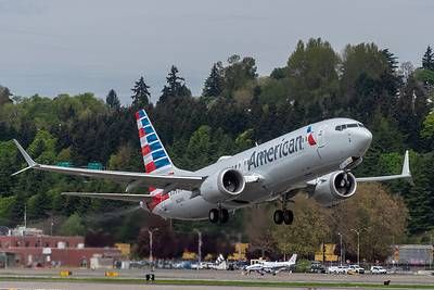 An American Airlines 737 MAX on takeoff. Global Services recently completed the first landing gear exchange for a MAX airplane.