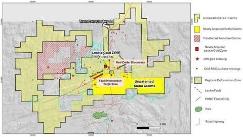 Consolidated Strathy Gold Project after addition of the Leckie Gold Zone and Southern Unpatented Claims. Note both claim groups' proximity to the new greenfields Red Cedar Discovery.