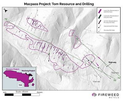 Map 2: Tom intersected mineralization, composite intervals in 2026 drilling, 2025 drilling and pre-2025 drilling with mineral resource vertical projection to surface.
