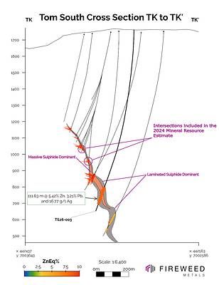 Figure 1 Cross section TK to TK': Drillholes TS26-003. Intersected thicknesses shown – see Table 1 for full results and true thicknesses. Folded interpretation is preliminary and requires additional drilling to better determine the geological structure.