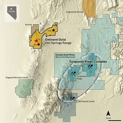 Figure 6. Regional location of HSRP relative to the Getchell Trend and the Turquoise Ridge–Twin Creeks operations. Those deposits are adjacent properties. Mineralization on adjacent properties is not necessarily indicative of mineralization at HSRP.