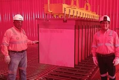 Production of the first copper cathode from oxide ore at the Don Mario Plant on September 16, 2026. The photograph includes EMIPA's Director of Operations and Project Manager.