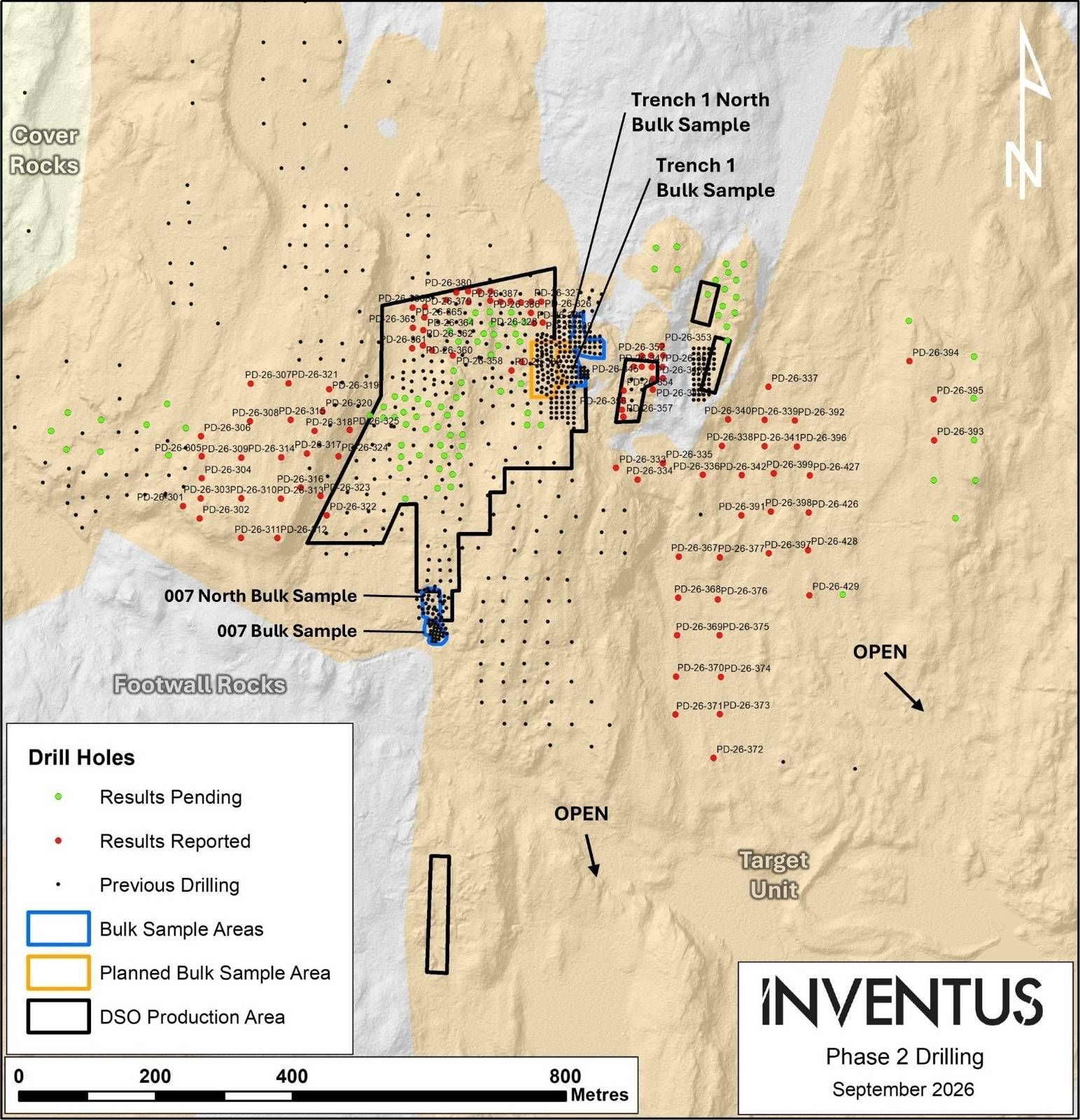 Phase 2 drill map showing reported assays in red and pending assays in green.