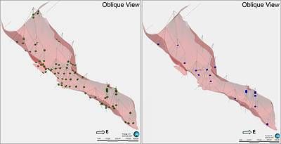 Figure 4. Oblique view of the 3D geological model of the mineralized domain. Historical drill hole intercepts are shown in green on the left, and samples included in the current resampling program are shown in blue on the right. Figure 4. Oblique view of the 3D geological model of the mineralized domain. Historical drill hole intercepts are shown in green on the left, and samples included in the current resampling program are shown in blue on the right.