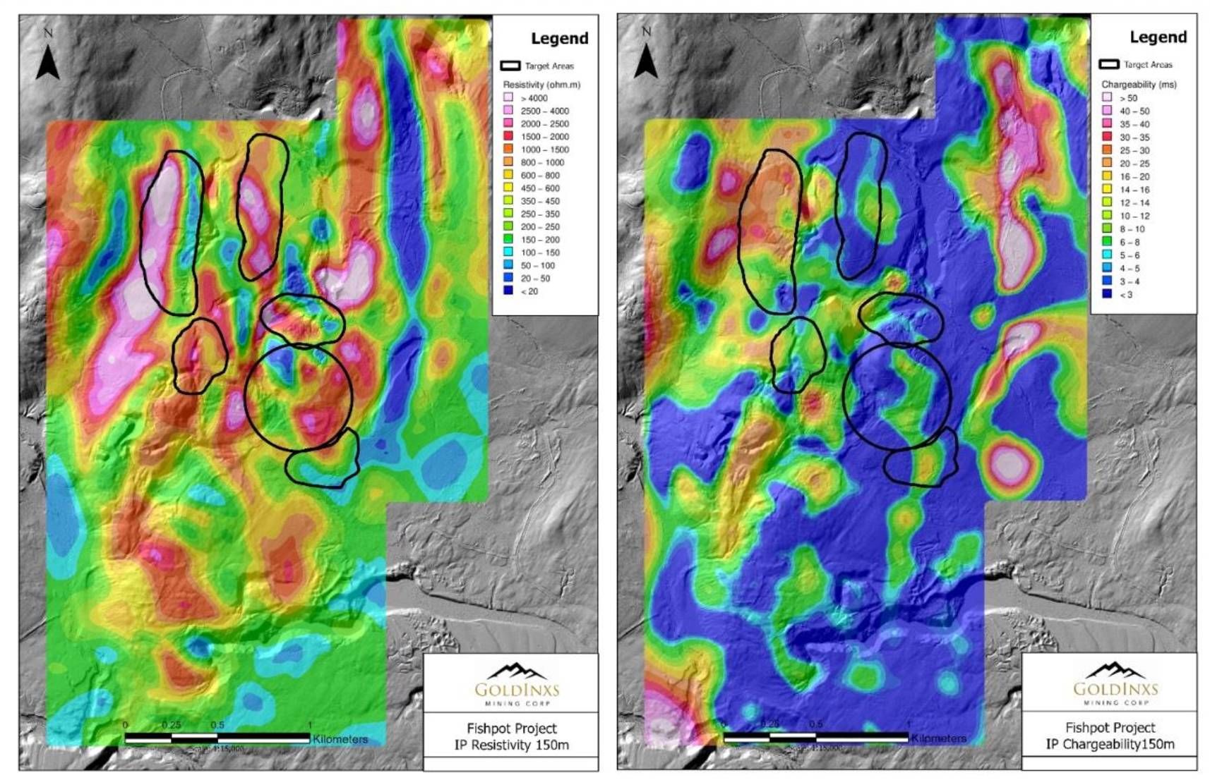 Induced Polarization Survey results showing Resistivity and Chargeability.