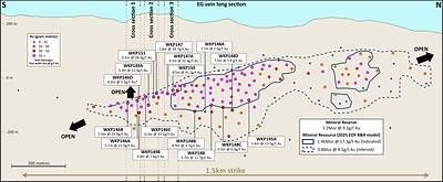 Figure 2: Long section of the EG Vein with geology and new drill intercepts
