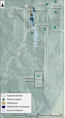 Figure 1: Map showing the FDN District mineral footprint with the FDN, FDNS, FDN East, Bonza Sur deposits and Quebrada Dorada discovery.