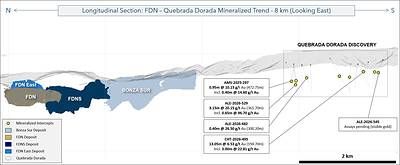 Figure 3: Longitudinal section showing the FDN-Quebrada Dorada epithermal trend with selected exploration drilling results at the Quebrada Dorada discovery.