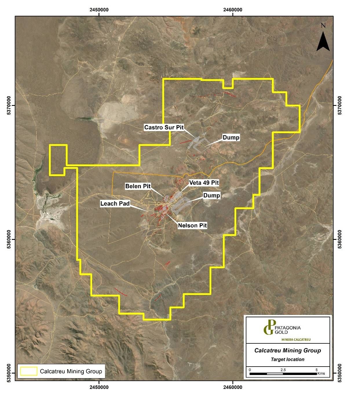 Calcatreu site map showing the Veta 49, Nelson, Belén and Castro Sur pit outlines, waste dumps and leach pad