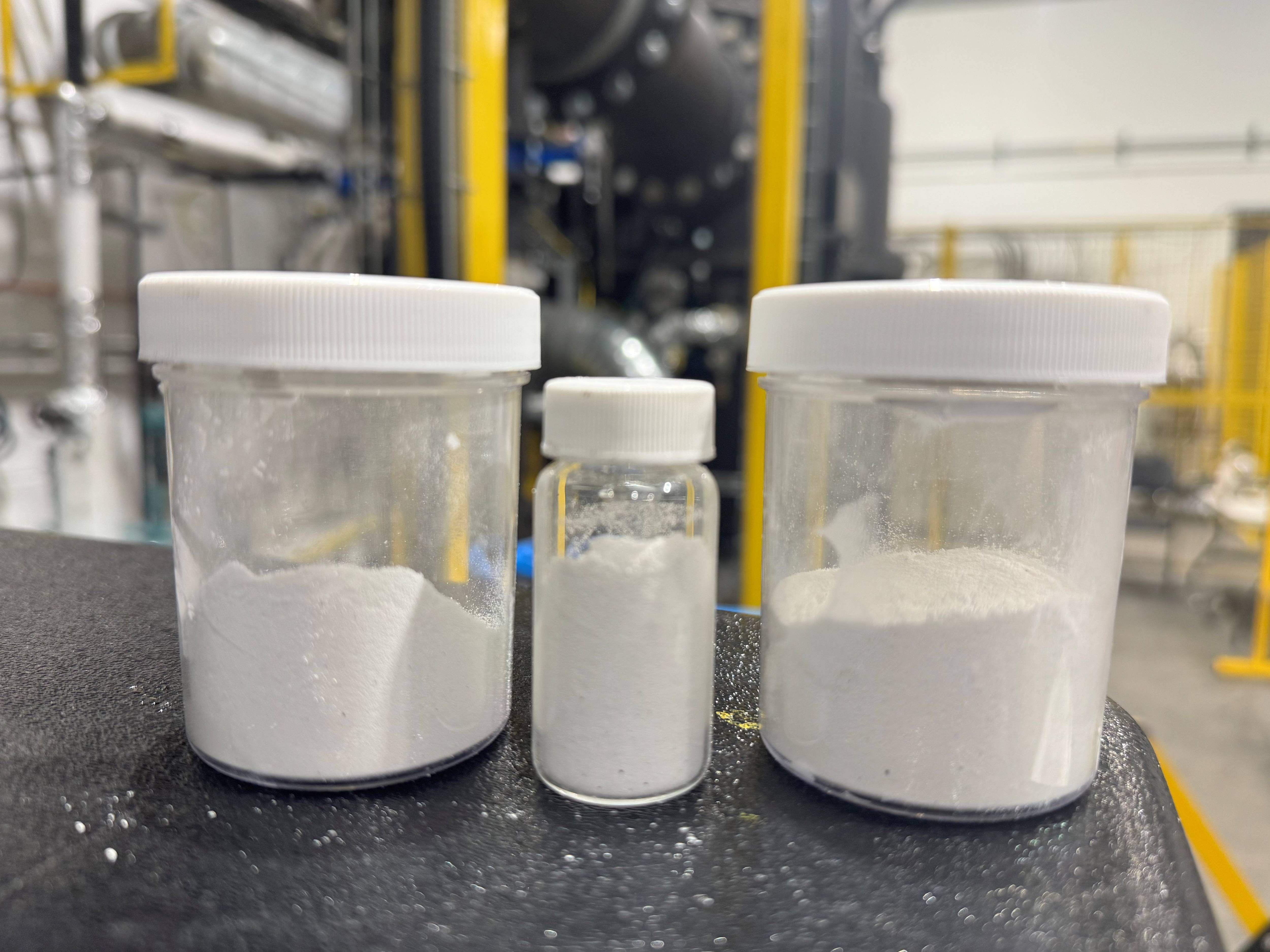 containers of fumed silica produced by PyroGenesis' fumed silica reactor.