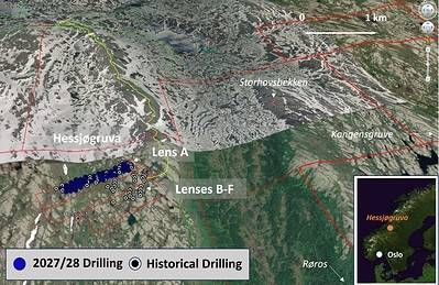 Figure 1. Location of the Hessjøgruva Cu-Co-Zn project in central Norway. Planned drill holes for the 2027/28 field seasons in Lens A are indicated in blue, together with the locations of historical drill holes in Lenses A-F. Oblique view of 3D Google Earth image, viewed to the N-NE.