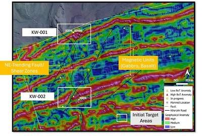 Figure 3. Locations of the initial drill holes at Killerö W (KW-001 and KW-002), overlain on the Company's high-resolution drone magnetic data.