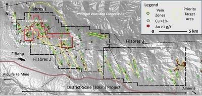 Figure 2. Location of the principal hematite/magnetite-bearing copper-gold veins at Solana.
