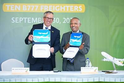 Brad McMullen, Boeing Senior Vice President of Commercial Sales and Marketing, and Mesfin Tasew, Group CEO of Ethiopian Airlines, announced the African carrier has ordered eight 777-8 Freighters and two 777 Freighters.