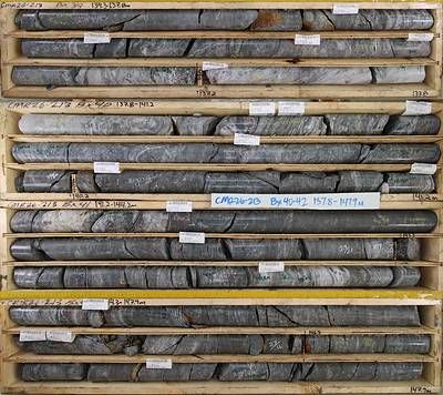 Figure 2: Mineralization in CMR26-213, including 992 g/t silver and 4.8 g/t gold from 135.5 to 136.1 meters. See the Note regarding drill core photographs.