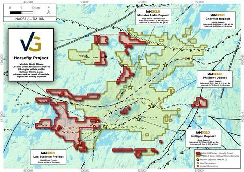 Figure 1: Visible Gold's Horsefly property now comprises 643 claims covering 360 km², adjacent to IAMGOLD's Nelligan Mining Complex in Québec's Chibougamau Mining Camp.