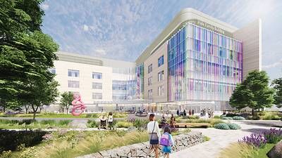 Exterior rendering of the Hale Family Building arrival court on the Boston Children's Hospital Brighton Campus