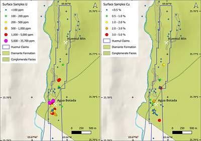 Figure 2 Uranium and copper surface sampling results along the Huemul Mine – Agua Botada Trend.