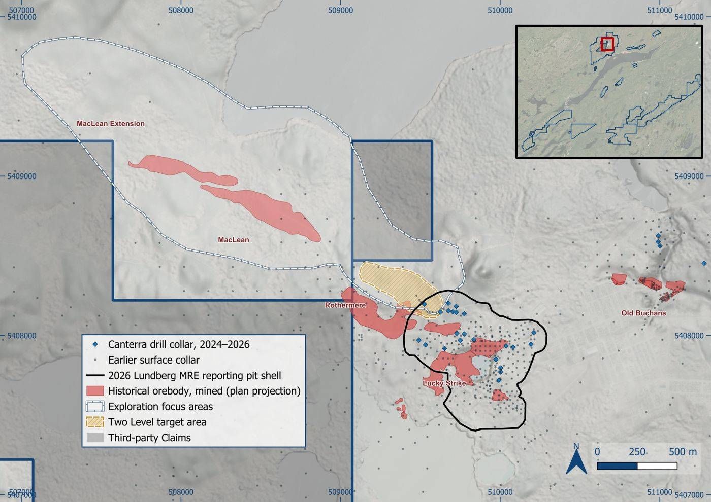 Plan view of Lundberg with drill collars, 2026 MRE pit shell, historical orebodies, exploration focus areas and Two Level target area.
