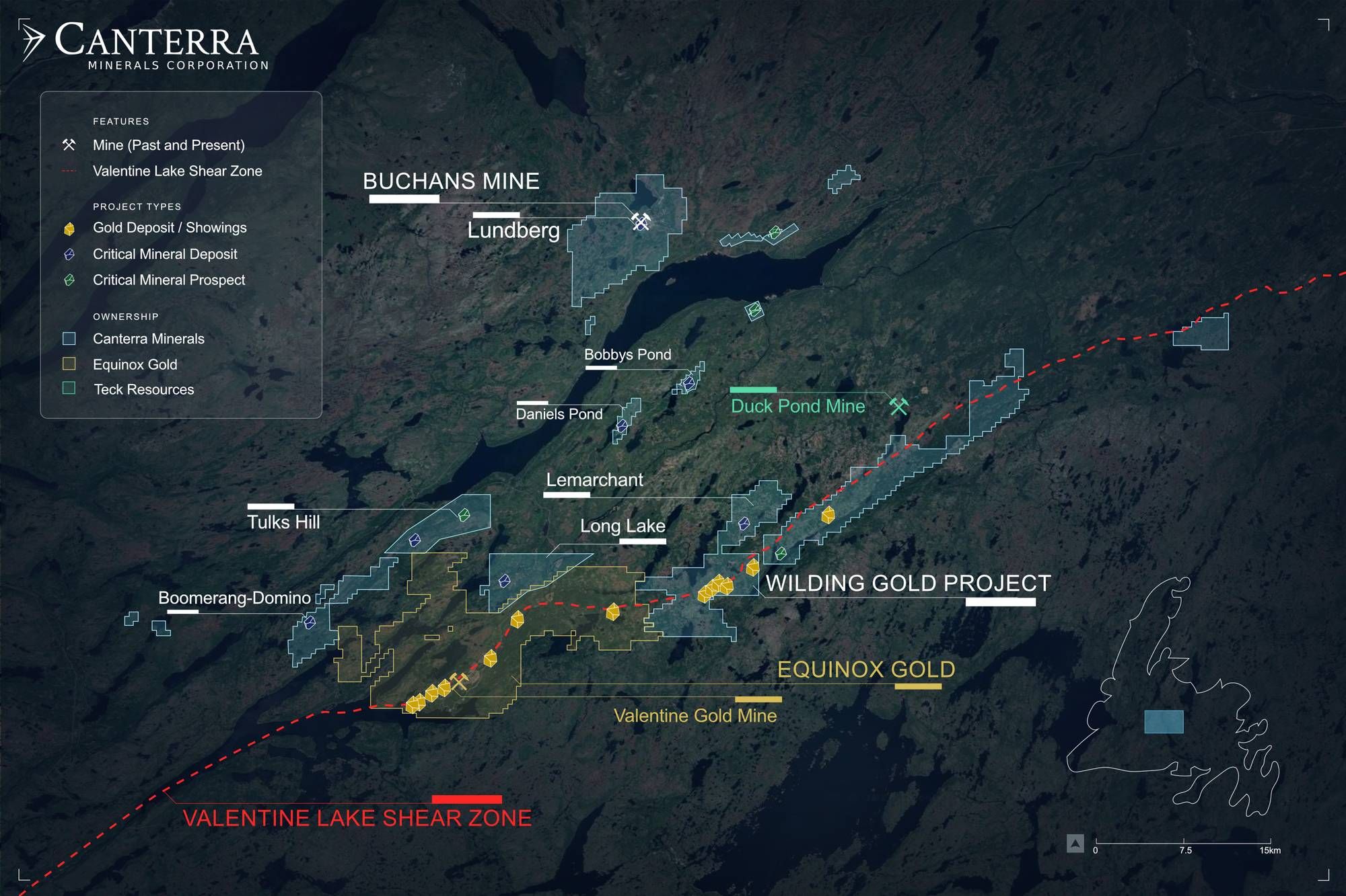 Regional map of Canterra Minerals projects in central Newfoundland, including Buchans, satellite deposits and Wilding Gold.