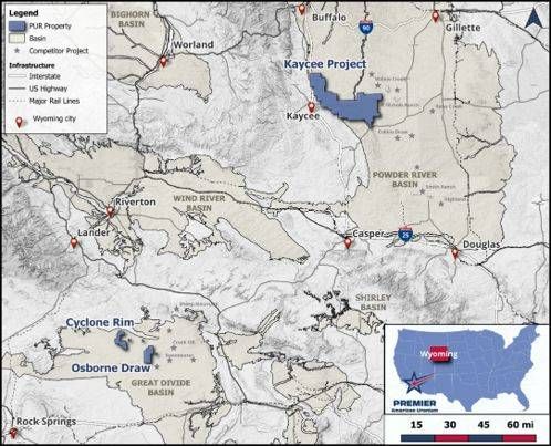 PUR's Wyoming exploration portfolio, highlighting the Kaycee Project in the Powder River Basin and the Cyclone Project in the Great Divide Basin.