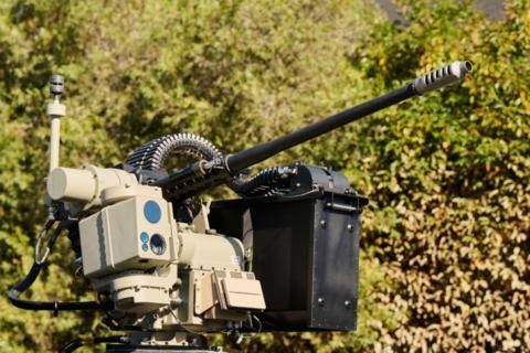 Close up of the EOS Slinger counter-drone remote weapon system.