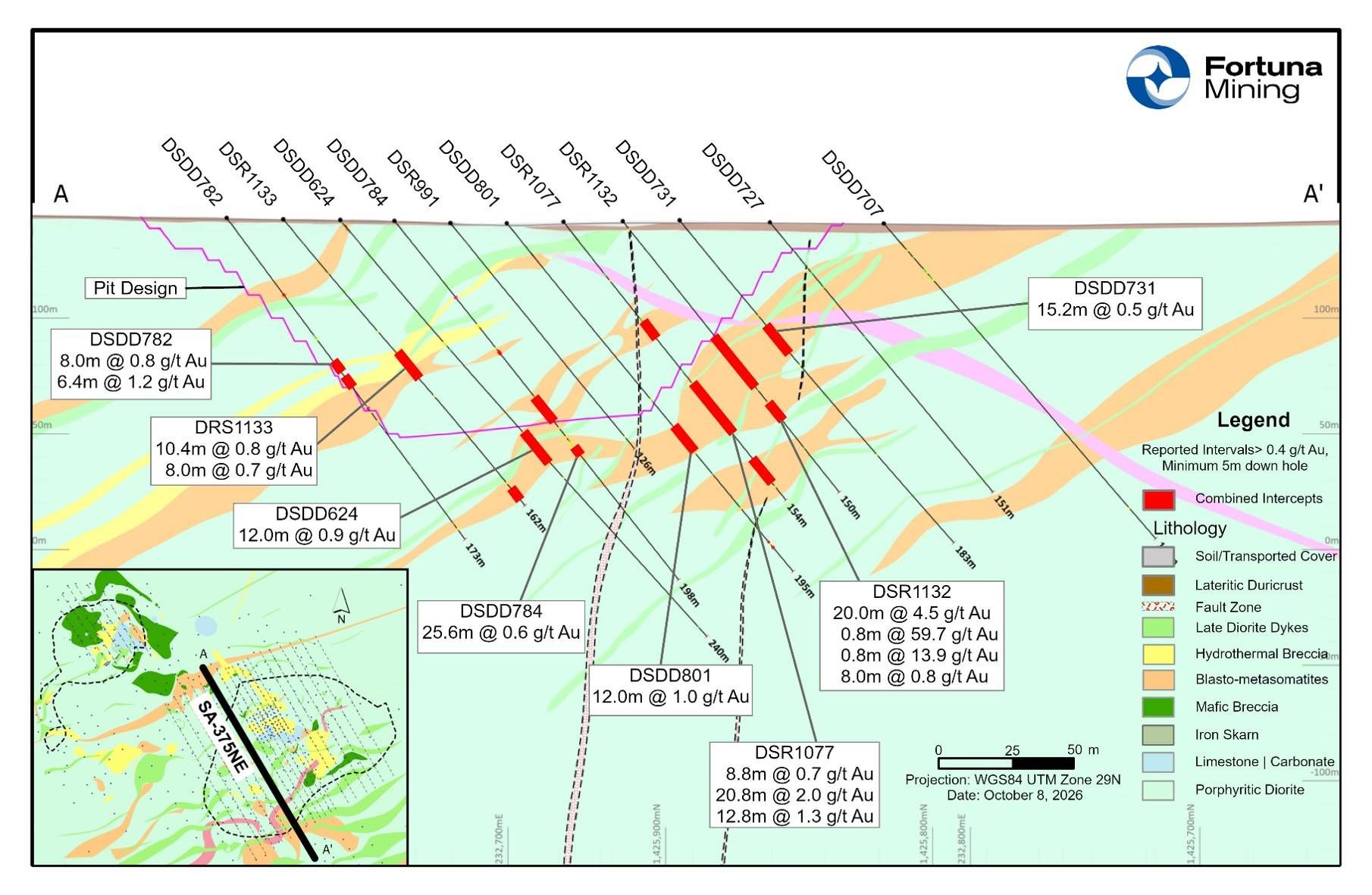 Figure 2: Diamba Sud Gold Project: Southern Arc Deposit, Long Section 375NE