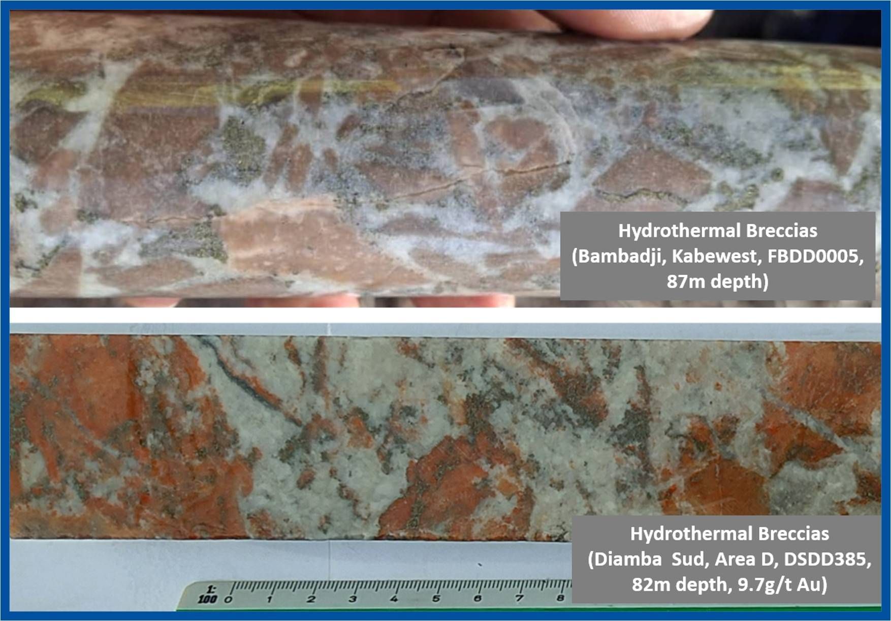 Figure 4: Examples of hydrothermal breccia from Kabewest highlighting similarities to the Area D mineralization style at Diamba Sud