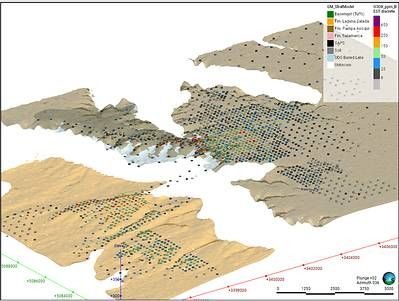 Figure 5. Overview of Laguna Salada Modelling - Distribution of U₃O₈ (25 ppm U threshold). Figure 5. Overview of Laguna Salada Modelling - Distribution of U₃O₈ (25 ppm U threshold).