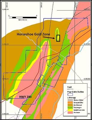 Figure 1: Horseshoe Gold Zone within the Pipy South Property and newly identified prospective geological setting to the south Figure 1: Horseshoe Gold Zone within the Pipy South Property and newly identified prospective geological setting to the south