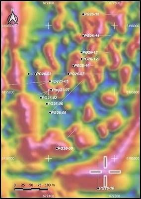Figure 2: Horseshoe Gold Zone - 2025 and 2026 Drill Hole Locations on a Tilt Derivative Magnetic Base Figure 2: Horseshoe Gold Zone - 2025 and 2026 Drill Hole Locations on a Tilt Derivative Magnetic Base