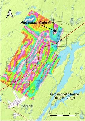 Figure 3: Aeromagnetic Image of Pipy South Property Showing the Horseshoe Gold Zone in the Northeast and the Extensive Structures to the South Figure 3: Aeromagnetic Image of Pipy South Property Showing the Horseshoe Gold Zone in the Northeast and the Extensive Structures to the South