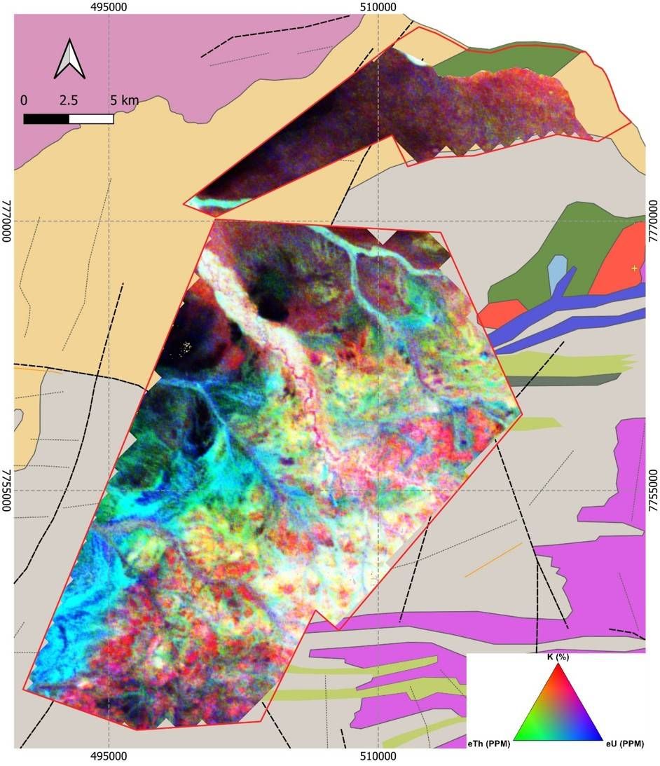 Figure 2. Maitengwe ternary radiometric response integrated with regional geological interpretation.