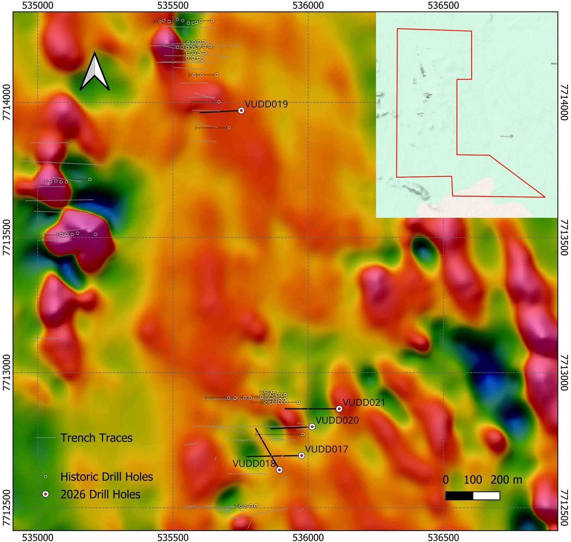 Figure 3. Vumba 2026 drilling sequence over high-resolution First Vertical Derivative Magnetic Product.
