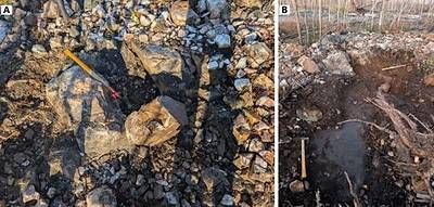 Figure 2: The vein at surface at the North Vein Target: the visible gold sample at its location in the vein exposure (A), and looking up-dip along the vein, where channel sampling is planned (B). Figure 2: The vein at surface at the North Vein Target: the visible gold sample at its location in the vein exposure (A), and looking up-dip along the vein, where channel sampling is planned (B).