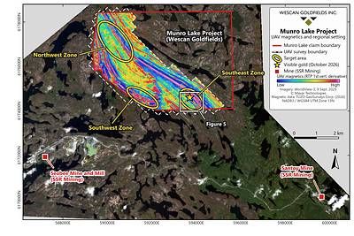 Figure 4: 2026 UAV magnetic survey (reduced-to-pole first vertical derivative) over WorldView-3 imagery, showing the survey boundary, target areas and the extent of Figure 5, relative to SSR Mining's Seabee and Santoy mines**. Figure 4: 2026 UAV magnetic survey (reduced-to-pole first vertical derivative) over WorldView-3 imagery, showing the survey boundary, target areas and the extent of Figure 5, relative to SSR Mining's Seabee and Santoy mines**.