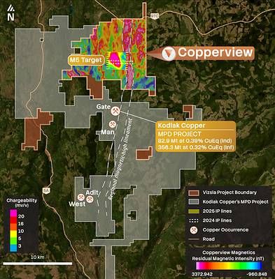 Figure 1. Map of the Copperview Project showing the location of the M5 target in relation to a regional magnetic-high lineament and Kodiak Copper's MPD Project2. The untested M5 chargeability-high anomaly (250 m depth slice) is shown with survey lines from 2024 and 2025. Figure 1. Map of the Copperview Project showing the location of the M5 target in relation to a regional magnetic-high lineament and Kodiak Copper's MPD Project2. The untested M5 chargeability-high anomaly (250 m depth slice) is shown with survey lines from 2024 and 2025.