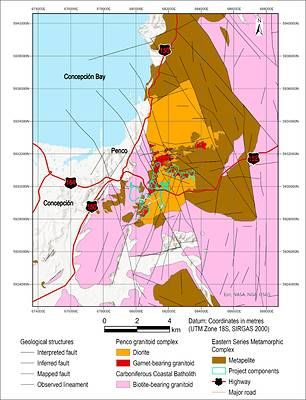 Figure 3: Regional geology of the Penco area, Biobío Region, Chile. Source: Aclara Resources Inc. (2026) Source: Aclara Resources Inc. (2026) Figure 3: Regional geology of the Penco area, Biobío Region, Chile. Source: Aclara Resources Inc. (2026) Source: Aclara Resources Inc. (2026)