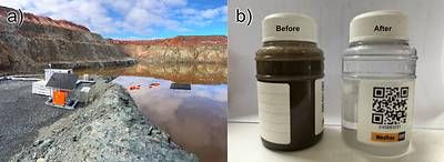 Figure 3 – a) Mine water source with pontoon pumps and distribution infrastructure; b) Mine water supply sample before and after water system upgrade