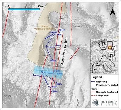 Figure 1. Plan view of the Alaska vein showing the drill holes reported in this release (Table 1). Coordinates are in the UTM system, zone 18N, and WGS84 projection.