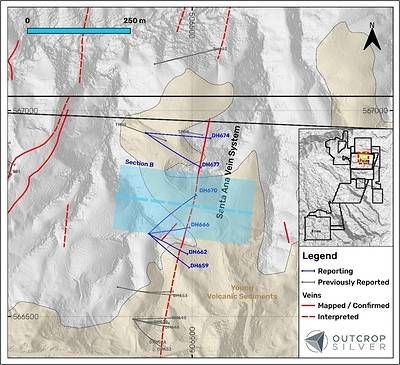 Figure 3. Plan view of Santa Ana vein showing the drill holes reported in this release (Table 2). Coordinates are in the UTM system, zone 18N, and WGS84 projection.