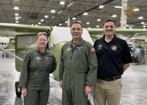 Maj. Gen. Regena Aye and Brig. Gen. R. Jason Bailey of the Civil Air Patrol tour Cessna piston assembly at Textron Aviation's facility in Independence, Kansas